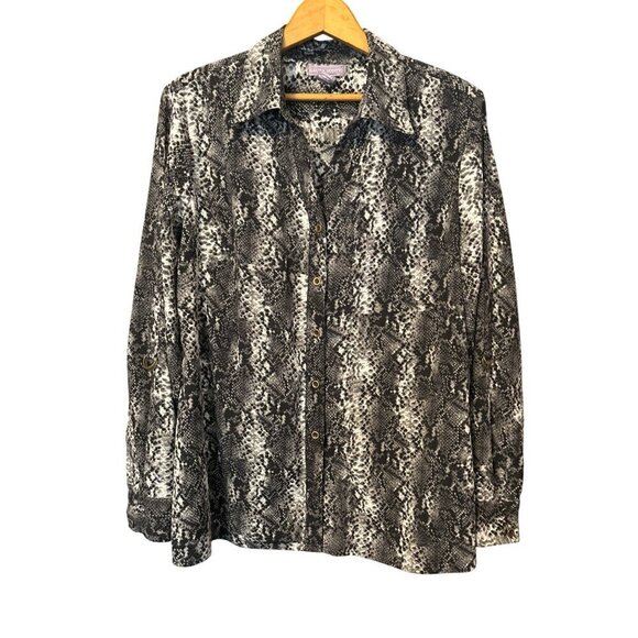 LAURA SCOTT Women's Grey Black Reptile Roll Tab Sleeve  Blouse XL Office Travel - Picture 1 of 7